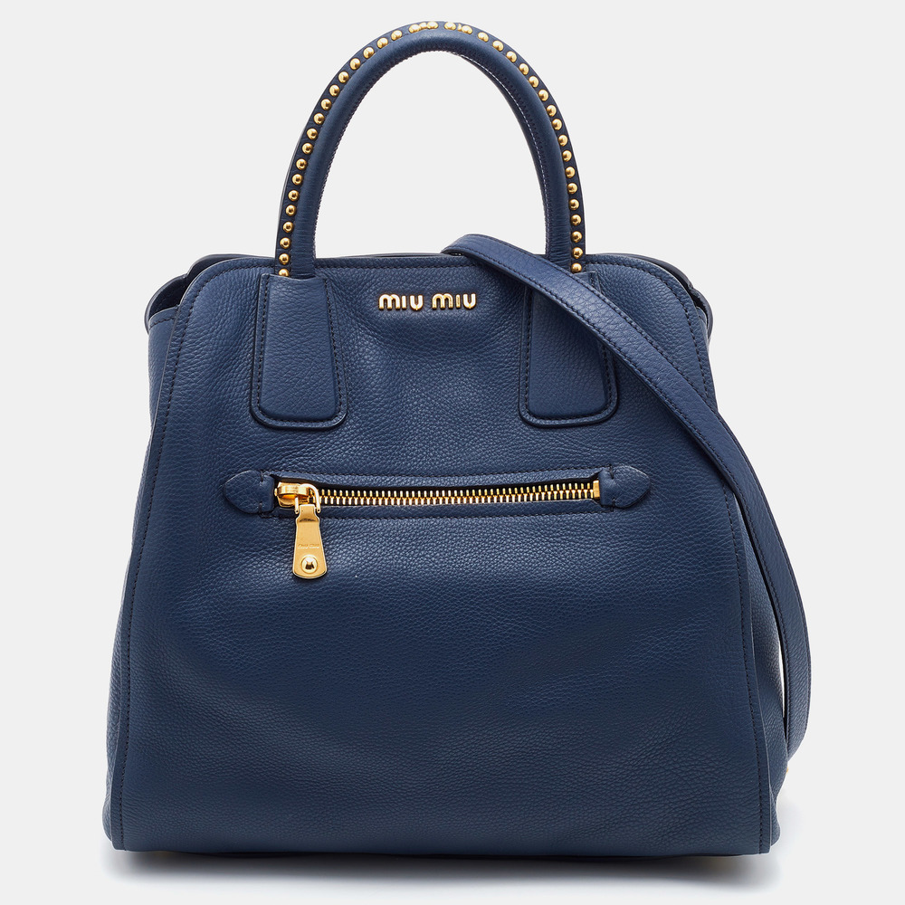 MIU MIU Blue Madras Leather Studded Handle Tote